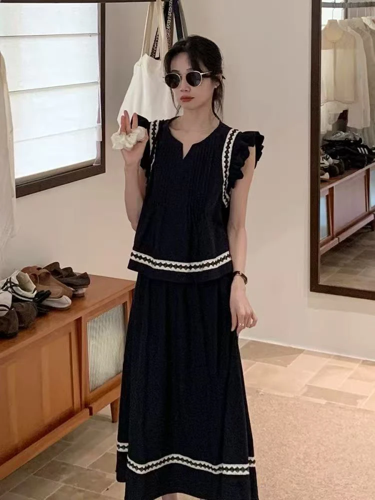 RS@6031 韩系甜美花边压褶飞袖小衫+松紧腰半身裙套装 6-16