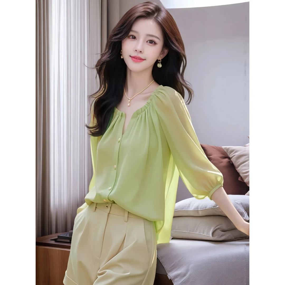 法式气质雪纺衫女七分袖夏季别致漂亮小衫宽松遮肚子减龄V领上衣