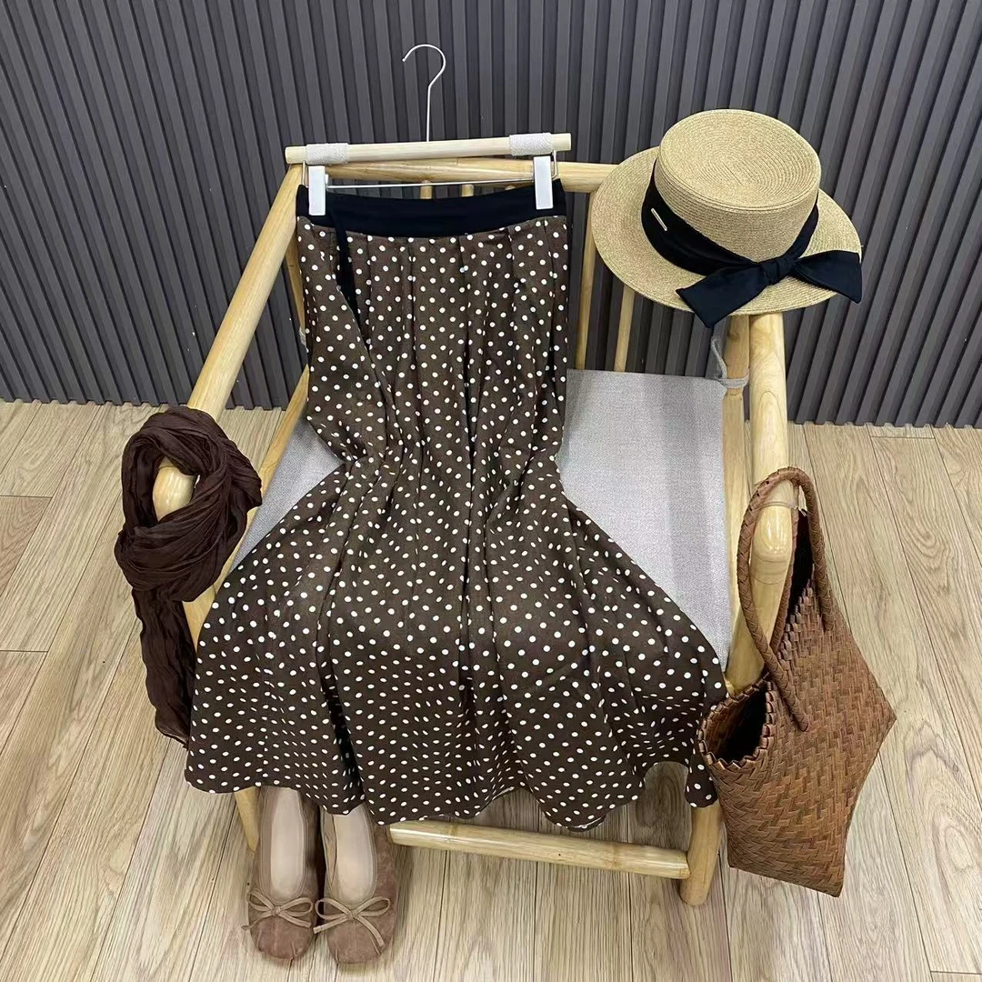 复古高腰波点苎麻半身裙文艺棉麻宽松中长A字裙女Q8608