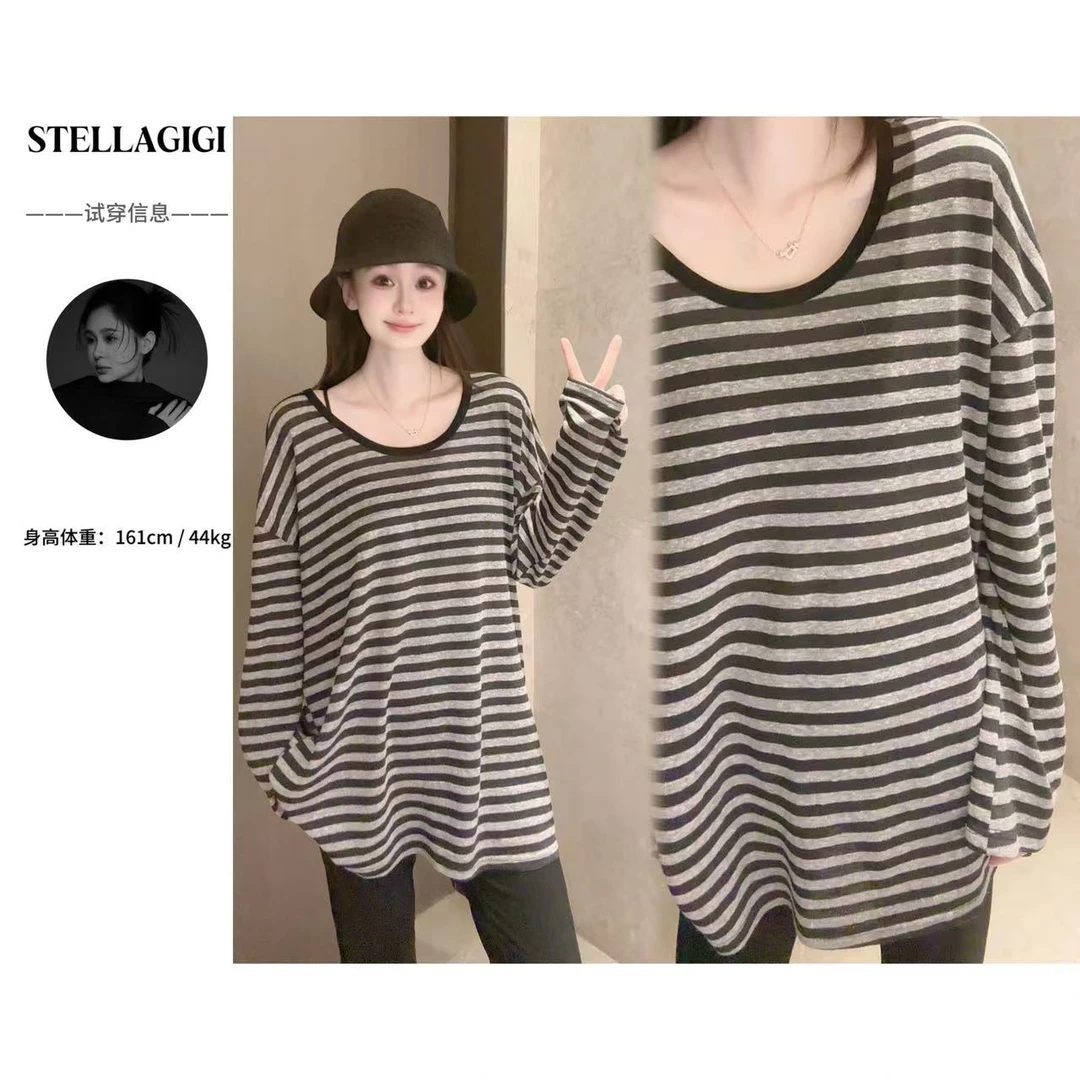 SG / 郭幂幂 SS 懒人T恤！ 天丝质感条纹圆领长袖T-20250294