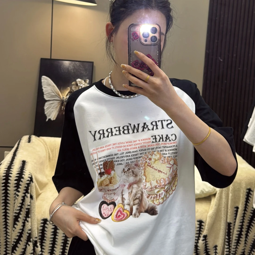 夏季新款插肩袖韩版小众短袖T恤休闲宽松ins潮流时尚设计感撞色