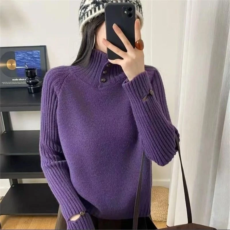小个子女韩系设计感纽扣半高领毛衣2025秋冬新款义乌打底衣高档