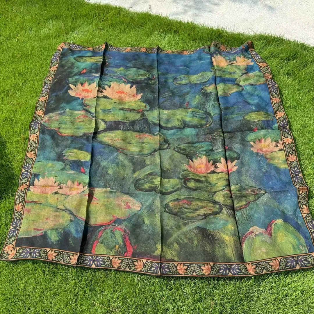 丝纡 睡莲 四经绞罗桑蚕丝香云纱135*135围巾披肩