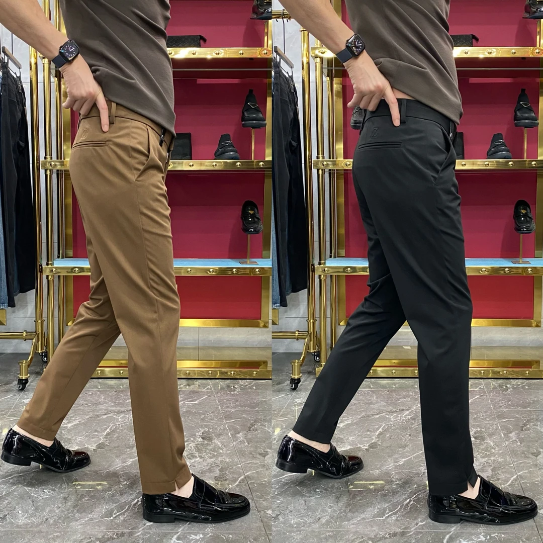 新款X6626高档男裤免烫欧货微锥修身裤脚开叉裤长99厘米小脚裤