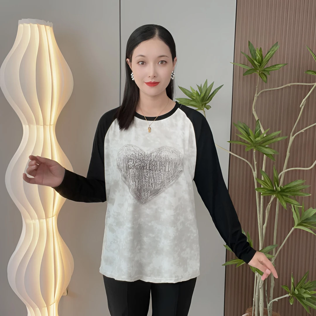 拼接心形宽松显瘦时尚百搭打底印花圆领潮流拼色休闲衬衫