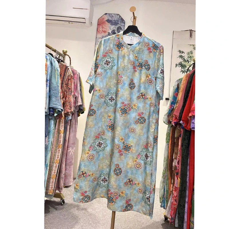 【玄青】大码中袖连衣裙新中式复古改良旗袍中长裙新款女装