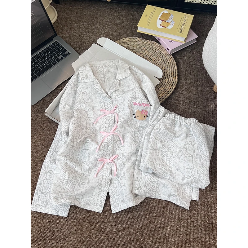 甜美风蛇纹Kitty猫长袖长裤睡衣女春秋季宽松大码蝴蝶结少女套装