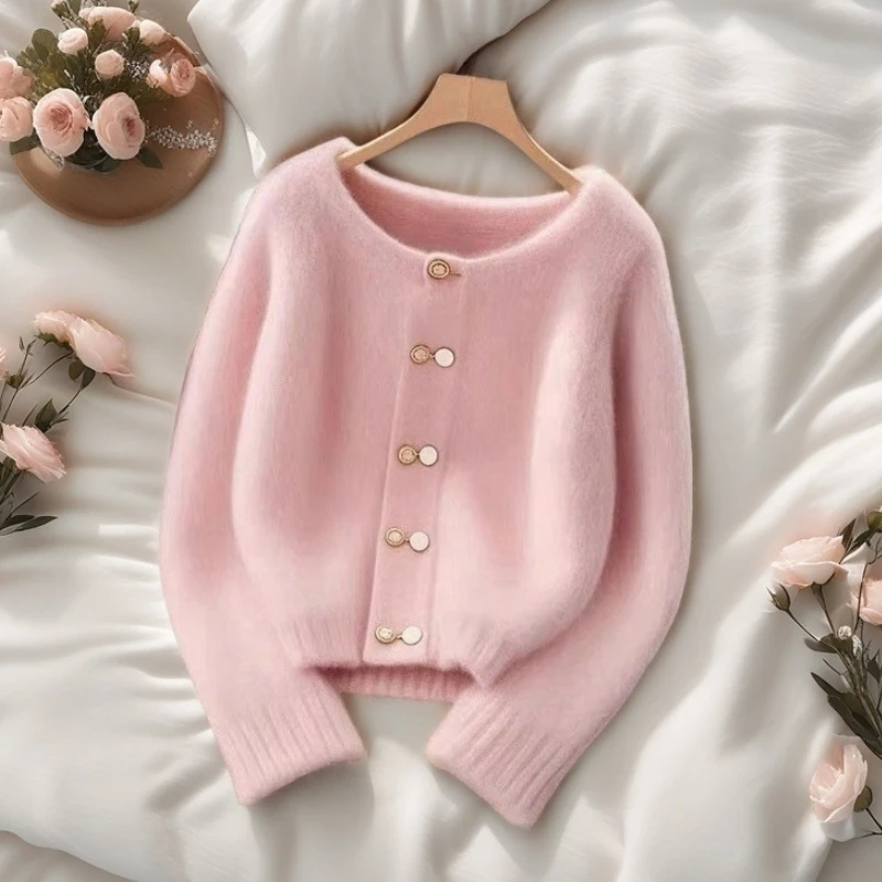 粉色多巴胺新中式假开衫毛衣秋冬轻奢百搭高级感加厚保暖上衣0318