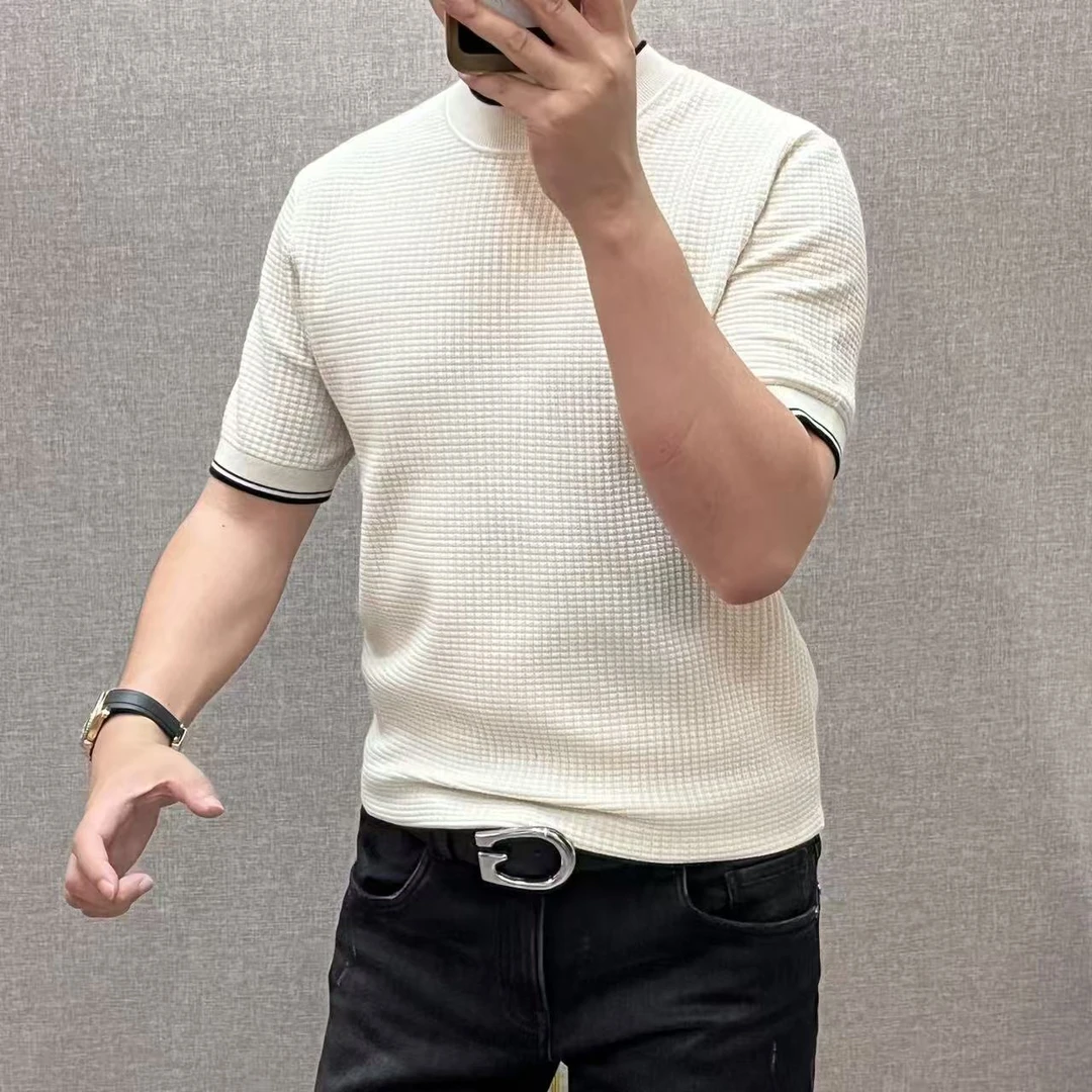 新款高端男士时尚简约格纹圆领短袖羊毛衫88823