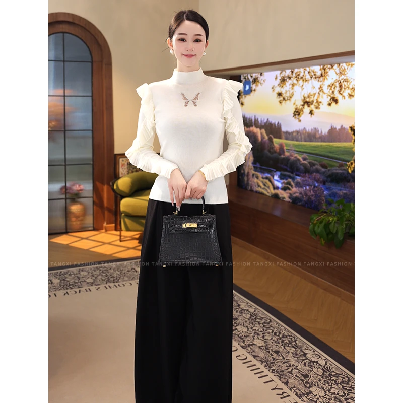 2025秋冬新款【L1-04】含绵羊毛镂空蝴蝶设计针织衫白色爆款毛衣女