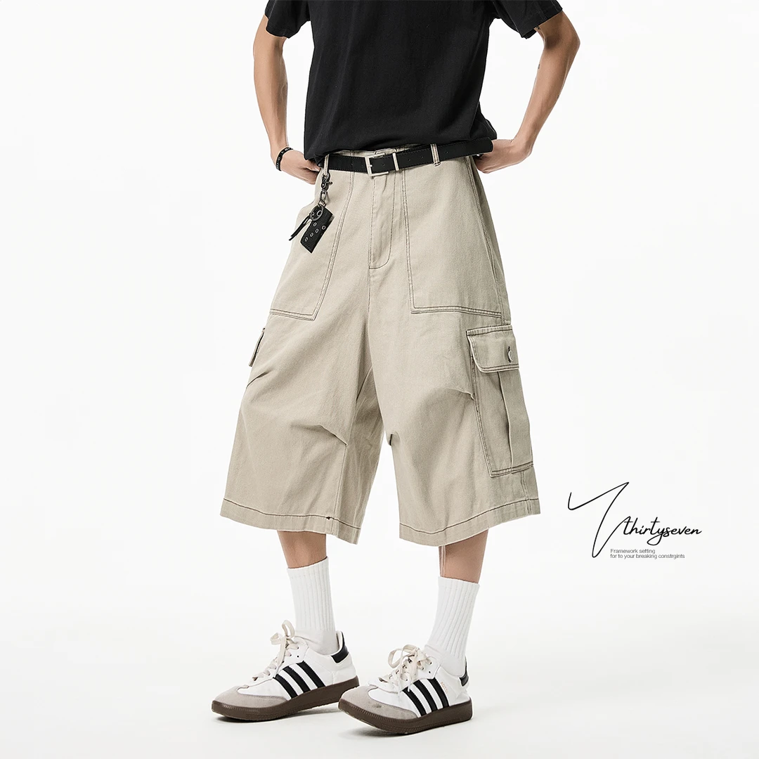 V37杏色七分裤子男士2025新款青少年宽松直筒大口袋工装潮牌短裤
