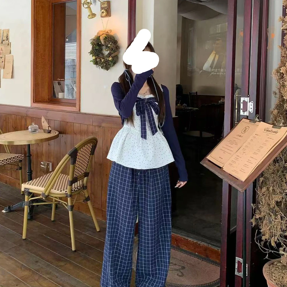 蓝色高腰复古时尚套装甜美风学院风阔腿裤休闲风吊带