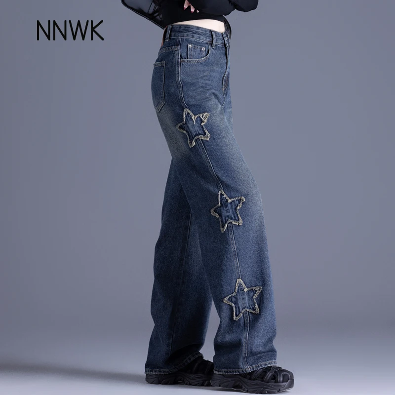 复古做旧牛仔裤女款爆款2025新款高腰阔腿裤五角星长裤宽松直筒裤