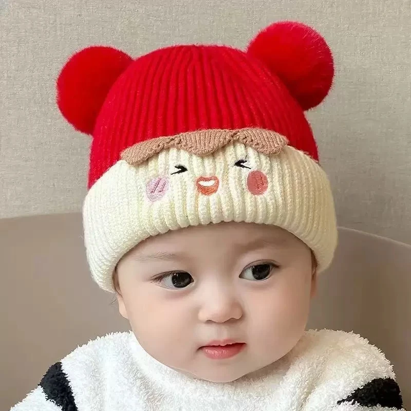 婴儿帽子秋冬季喜庆新年红色加厚保暖毛线帽男女宝宝小月龄针织帽