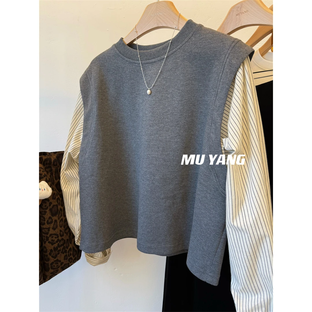 胖妹妹240斤大码竖条衬衫袖拼接卫衣女秋季宽松慵懒风休闲上衣潮