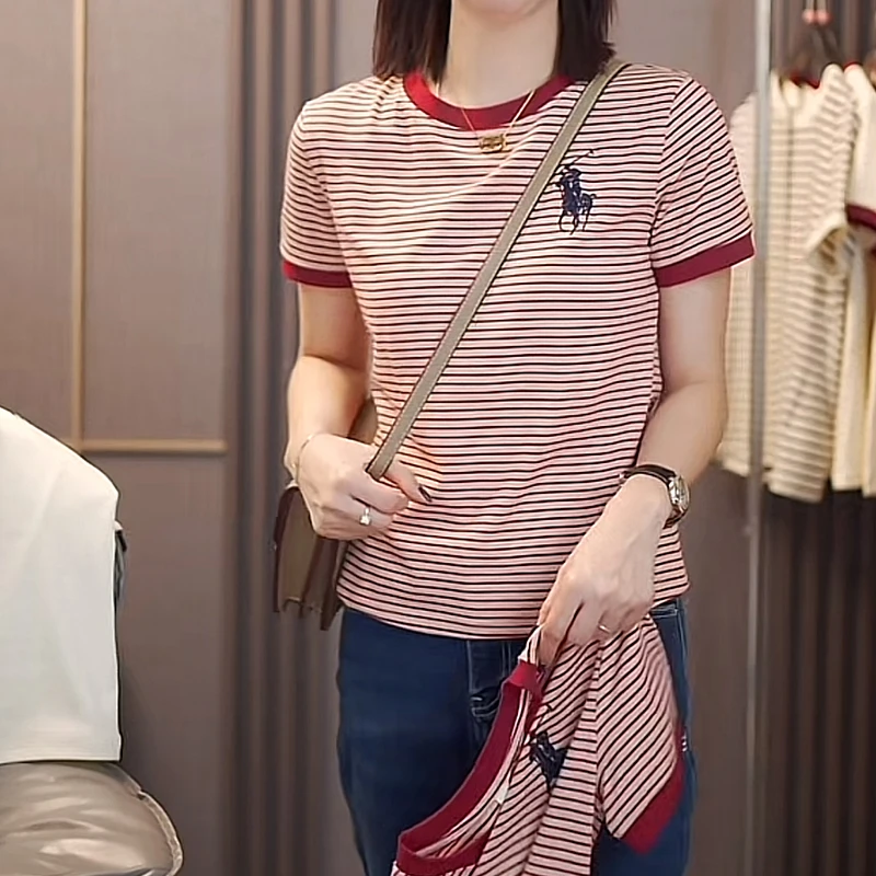 【48小时发货】2025休闲风刺绣拼接条纹T恤圆领大码女士袖显瘦3043
