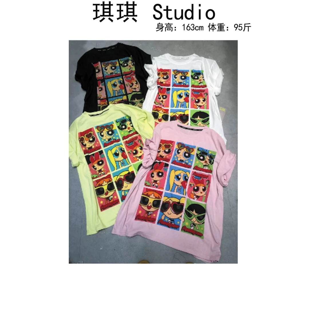 《琪琪家》夏季新款设计感印花方块卡通小女孩显瘦减龄短袖6975-CS