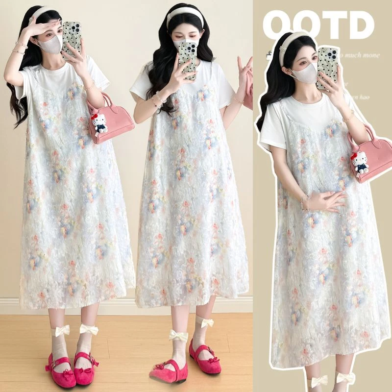 2025夏季孕妇装连衣裙甜美设计感假两件绣花减龄宽松辣妈外出长裙
