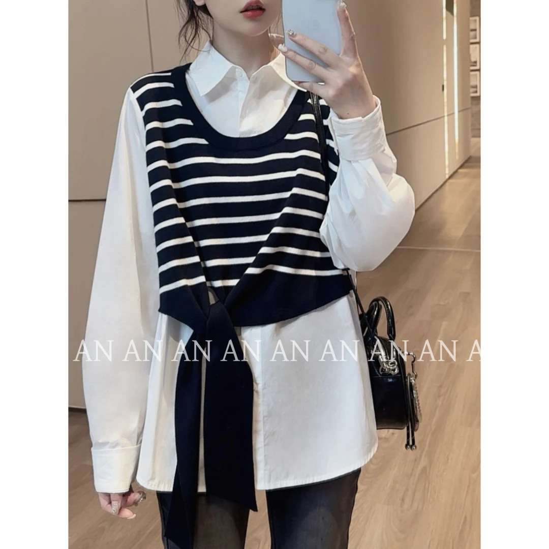 C08074新款文艺韩系氛围感宽松下摆绑带拼接假两件针织条纹衬衫