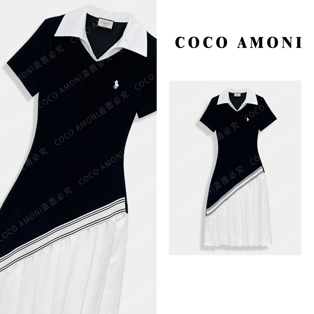 高级设计师高端定制女装拼接褶皱收腰显瘦气质连衣裙AC464