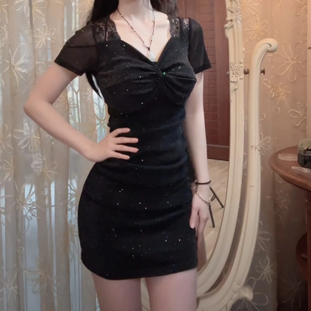 不带胸垫】气质V领修身显瘦包臀夜场时尚连衣裙女人味短袖