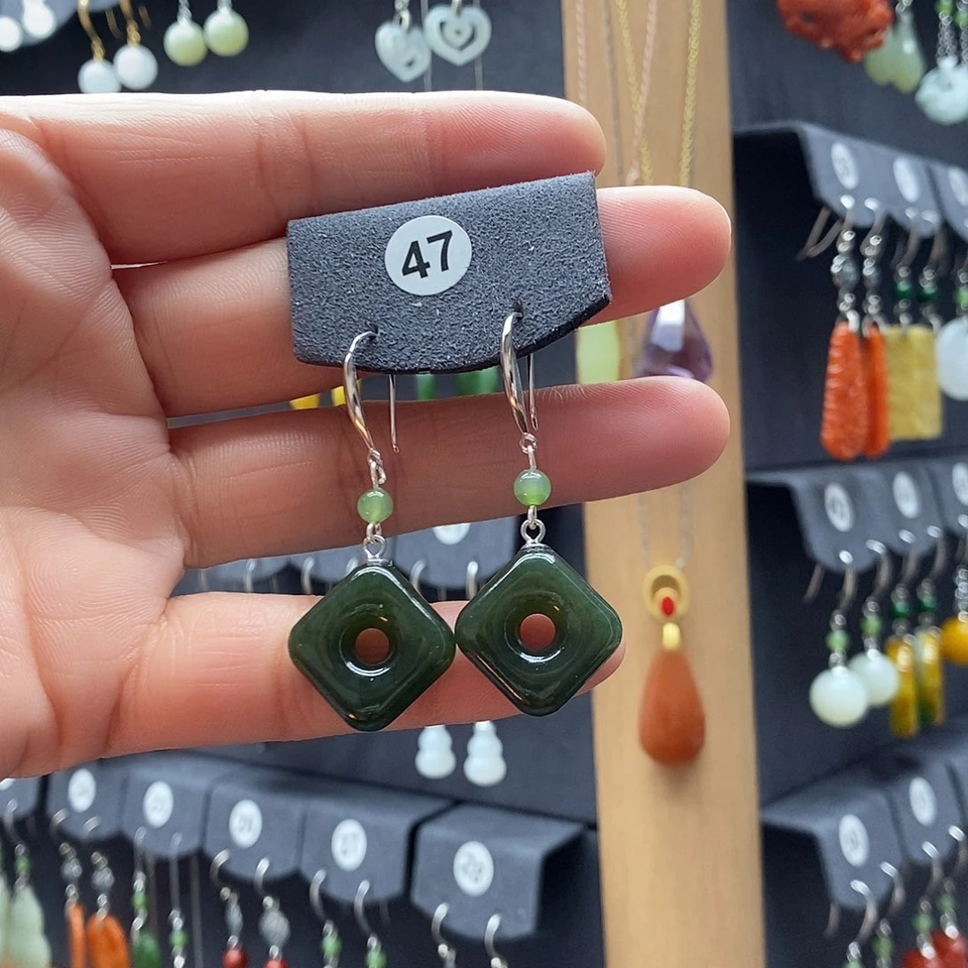 和田玉银S925镶嵌耳饰