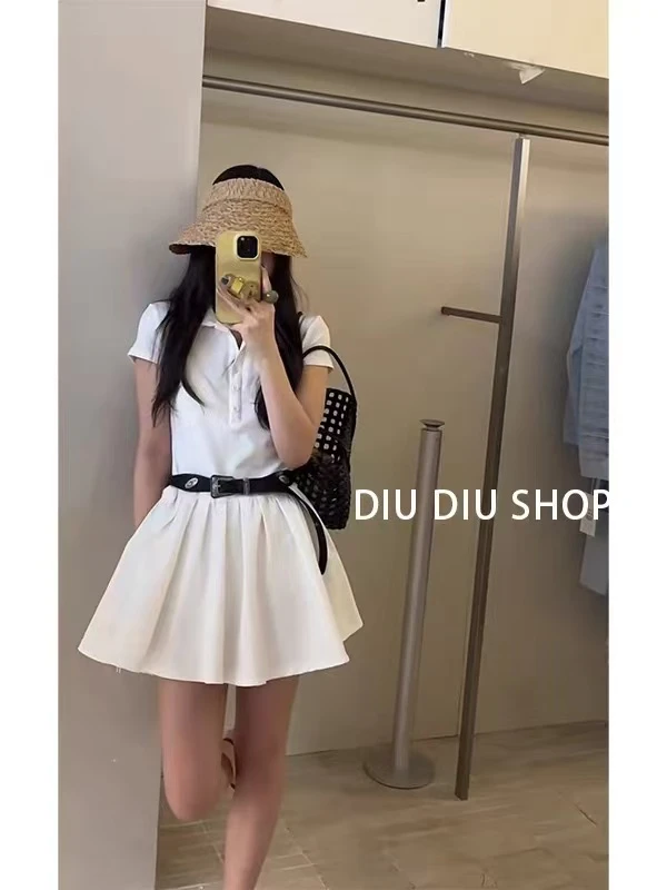 【大脸】 夏季新款polo领连衣裙白月光收腰显瘦长裙99327/短裙99325