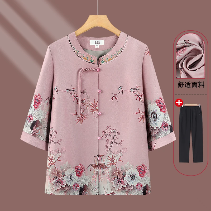 2025新款奶奶装夏装圆领衬衫妈妈装中年宽松外套春夏新中国风衬衫