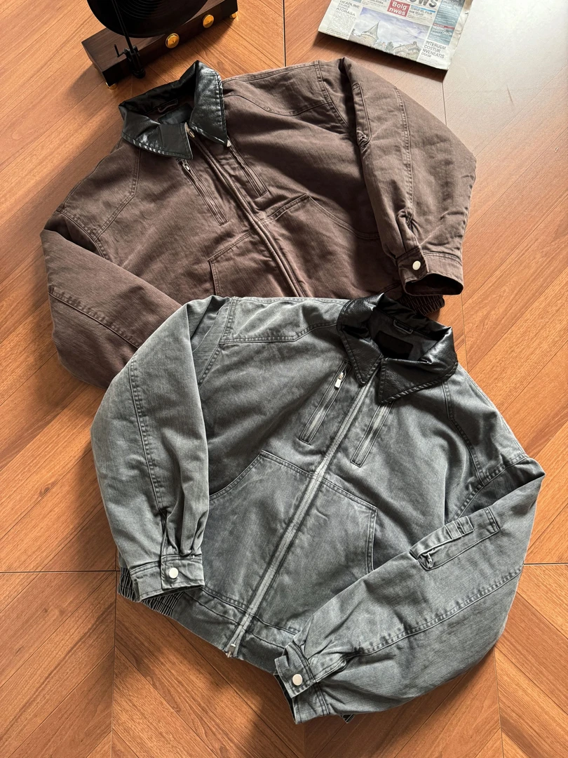 MIND竹节纹水洗做旧巴恩风猎装短宽蜡皮翻领拼接撞色工装棉服夹克