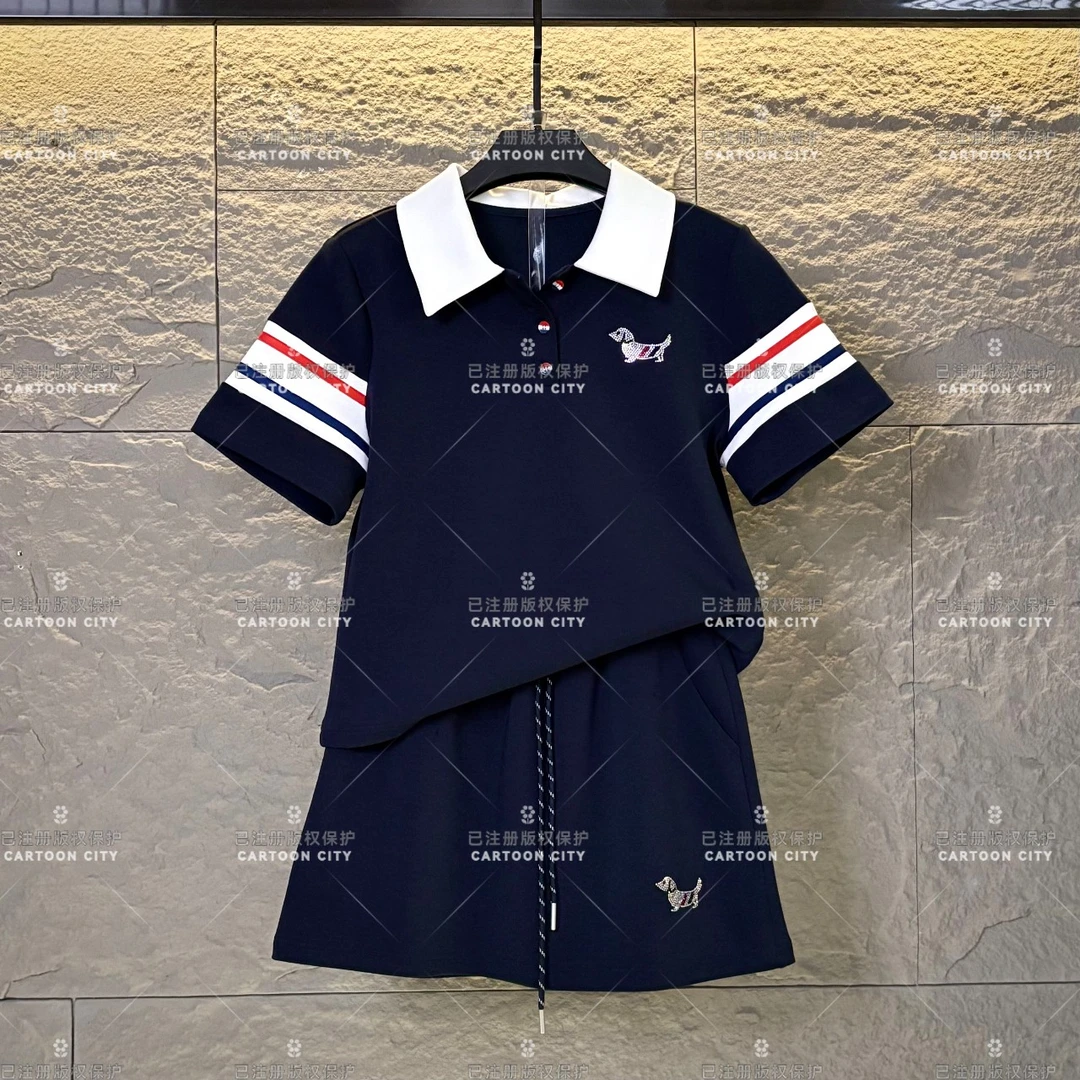 编码WMA-A348设计师款丨<蓝白条系列>宽松夏季T恤短裙翻领套装