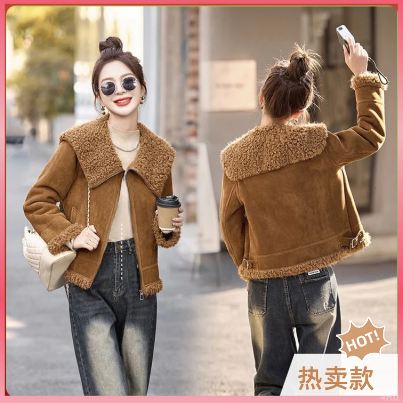 韩版休闲冬季皮毛一体外套洋气时髦保暖机车服加厚百搭夹克上衣