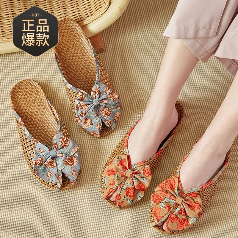 【店铺热销】新款夏季藤草编织亚麻拖鞋女韩版蝴蝶结包头凉席竹编拖