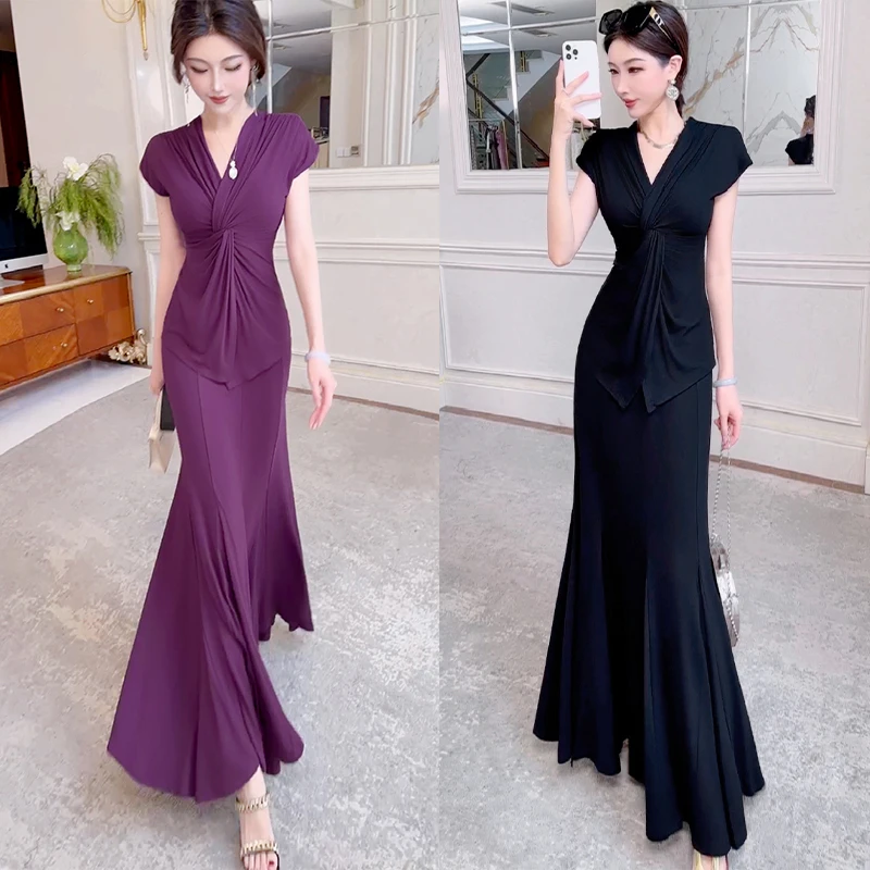 夏季新针织气质套装女扭结V领上衣高腰鱼尾裙两件套-均码