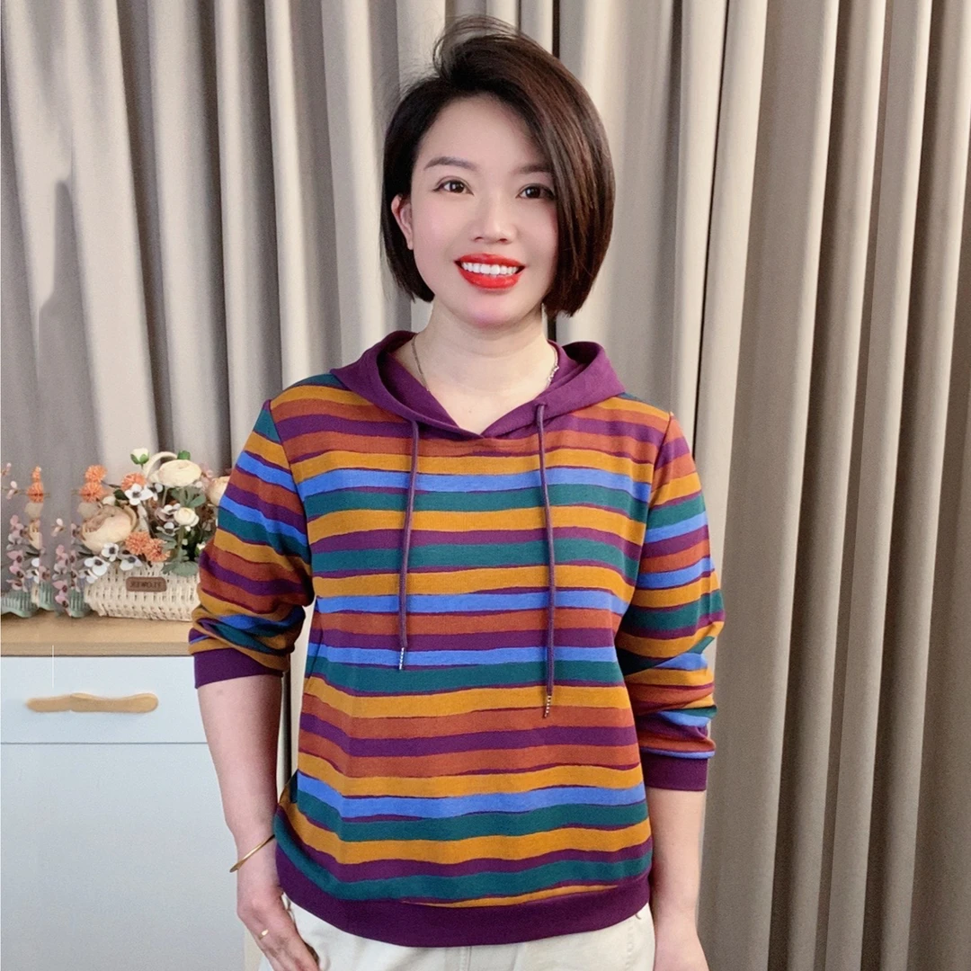 新款文艺拼色连帽长袖条纹卫衣女时尚套头衫宽松休闲百搭洋气上衣