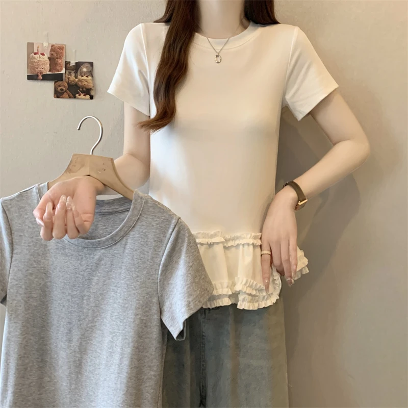 大码夏季新款韩系芭蕾风花边下摆修身显瘦短袖T恤女8025