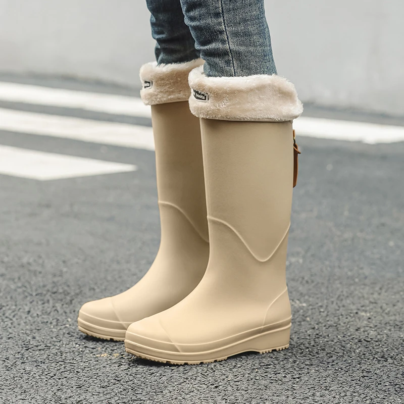 汐鲤2025新款长筒雨鞋女款秋冬加绒保暖成人高筒雨靴男士防水胶鞋