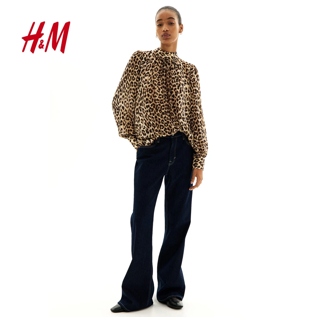 HM女装衬衫2025春季新款小立领气质豹纹透视独特漂亮上衣1160381