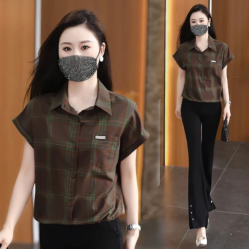 夏季女翻领短款短袖格子衬衫抽绳衣摆宽松显瘦棉布透气舒适上衣