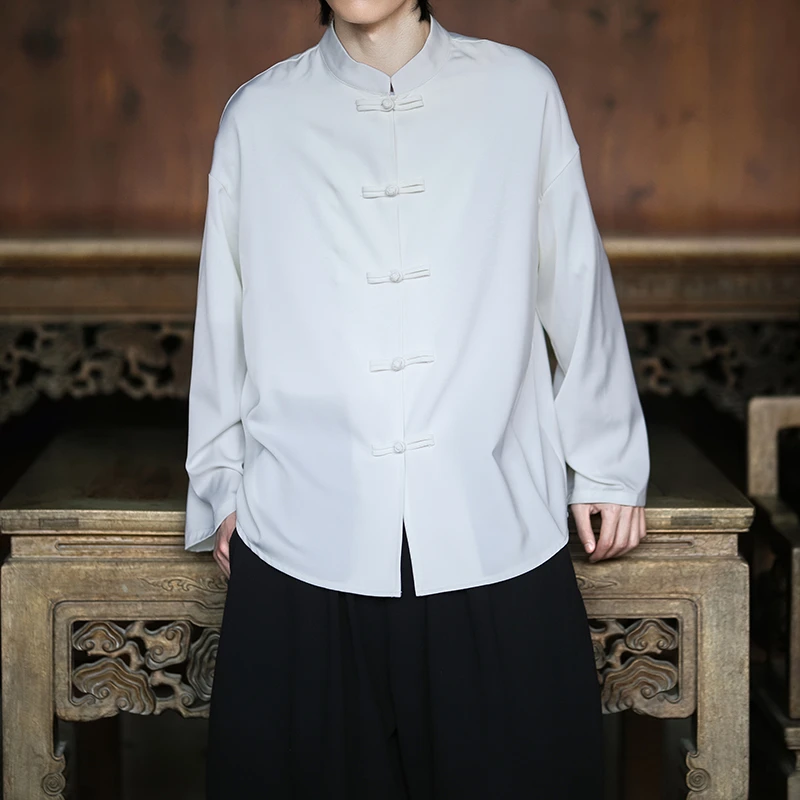 基础款白色衬衫男长袖中国风春季宽松茶服衬衣大码盘扣中山装外套