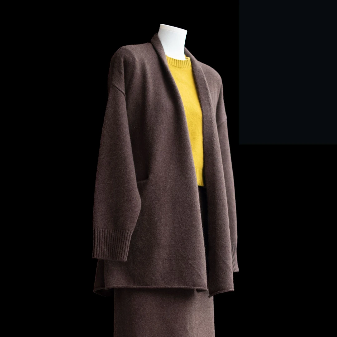 逸致牦牛绒开衫中长款外套成品极简风女厚款款针织衫秋冬1025550