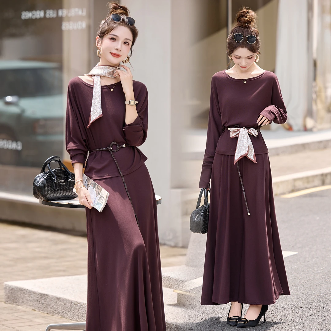 2025年秋季新款韩版纯色简约气质绑带T恤高腰显瘦半身裙两件套女