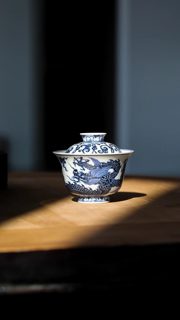 【弥生茶事】且斋慕明青花回头龙盖碗纯手工手工景德镇高端茶器茶具