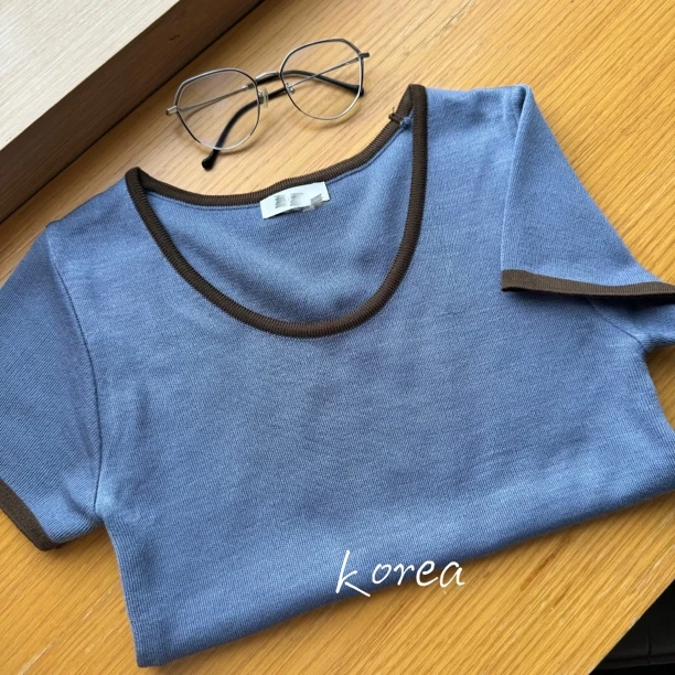 东大门正品常规款短袖圆领紧身T恤拼色修身女士打底衫(no退no换）