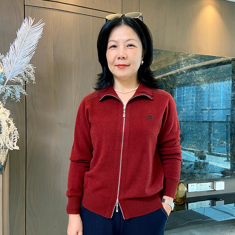 2025新款气质妈妈全羊毛修身型老钱风中老年女装秋冬百搭立领开衫