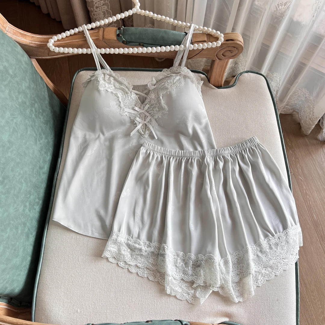 国风蕾丝带胸垫夏季新款冰丝吊带短裤睡衣女款甜美性感套装家居服