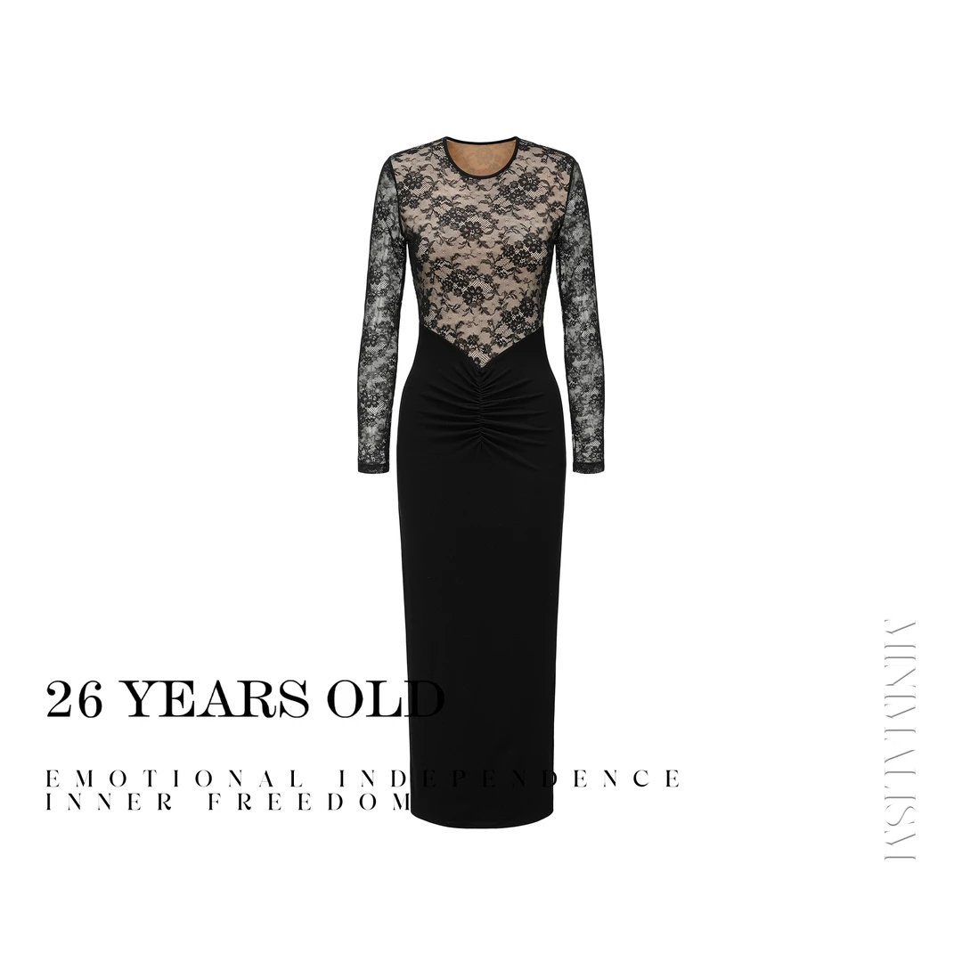 26YEARSOLDV领高腰包臀裙轻熟风长袖时尚女装拼接修身连衣裙3771