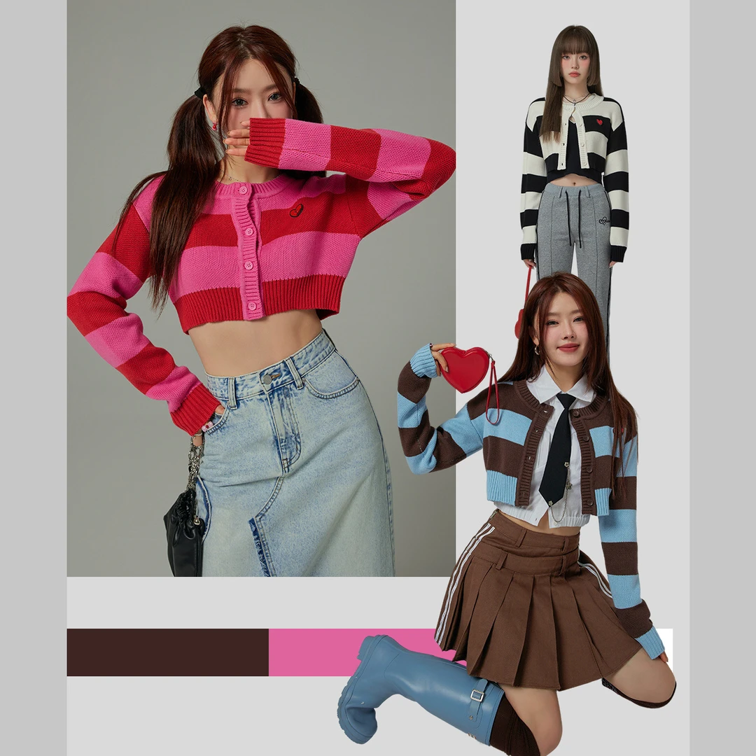 002J【云C专属】CHUU条纹爱心复古短款长袖显瘦针织外套-F