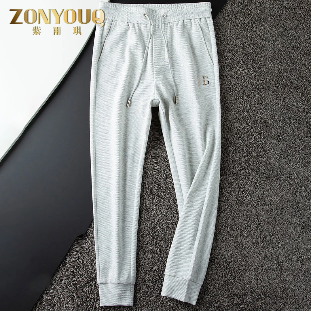 ZONYOUQ刺绣字母休闲裤男士夏季薄款运动裤修身束脚高级感长裤