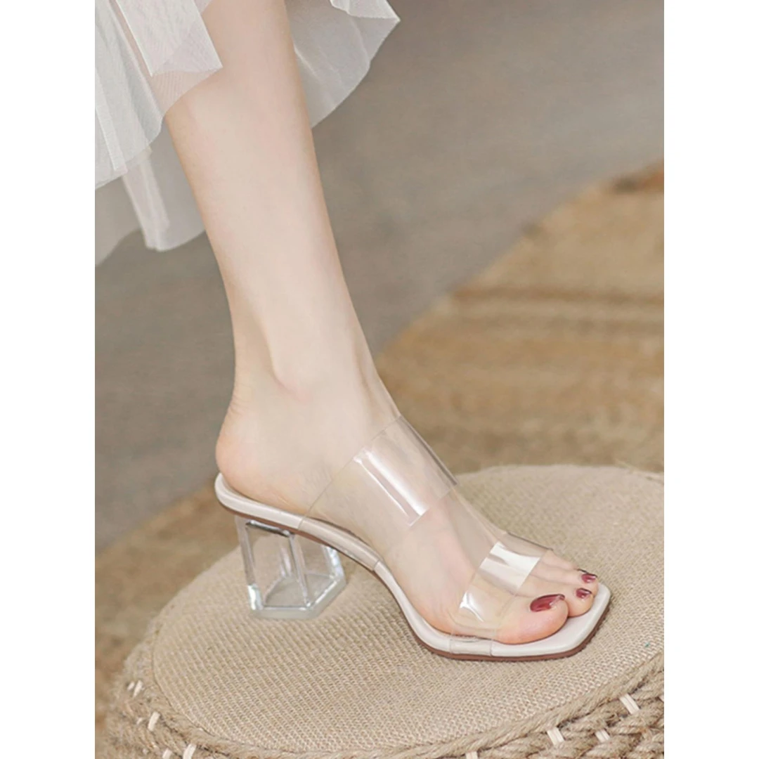 法式白色透明凉鞋女款2025新款中跟夏季粗跟高跟鞋水晶凉拖女外穿