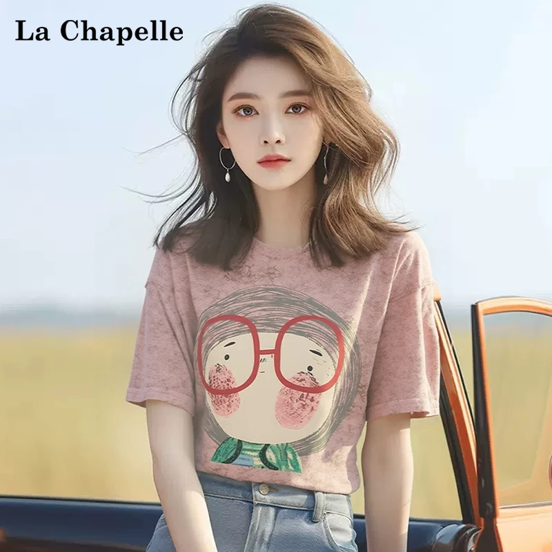 拉夏贝尔夏季新款胖mm大码T恤女时尚显瘦百搭卡通印花扎染短袖ins